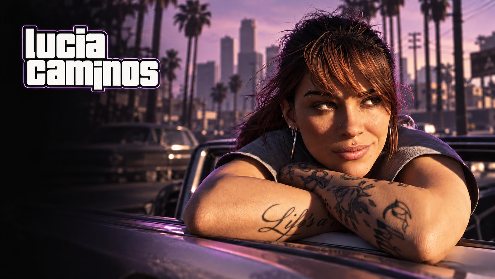 Lucia Caminos leaning on a car in a purple-lit city